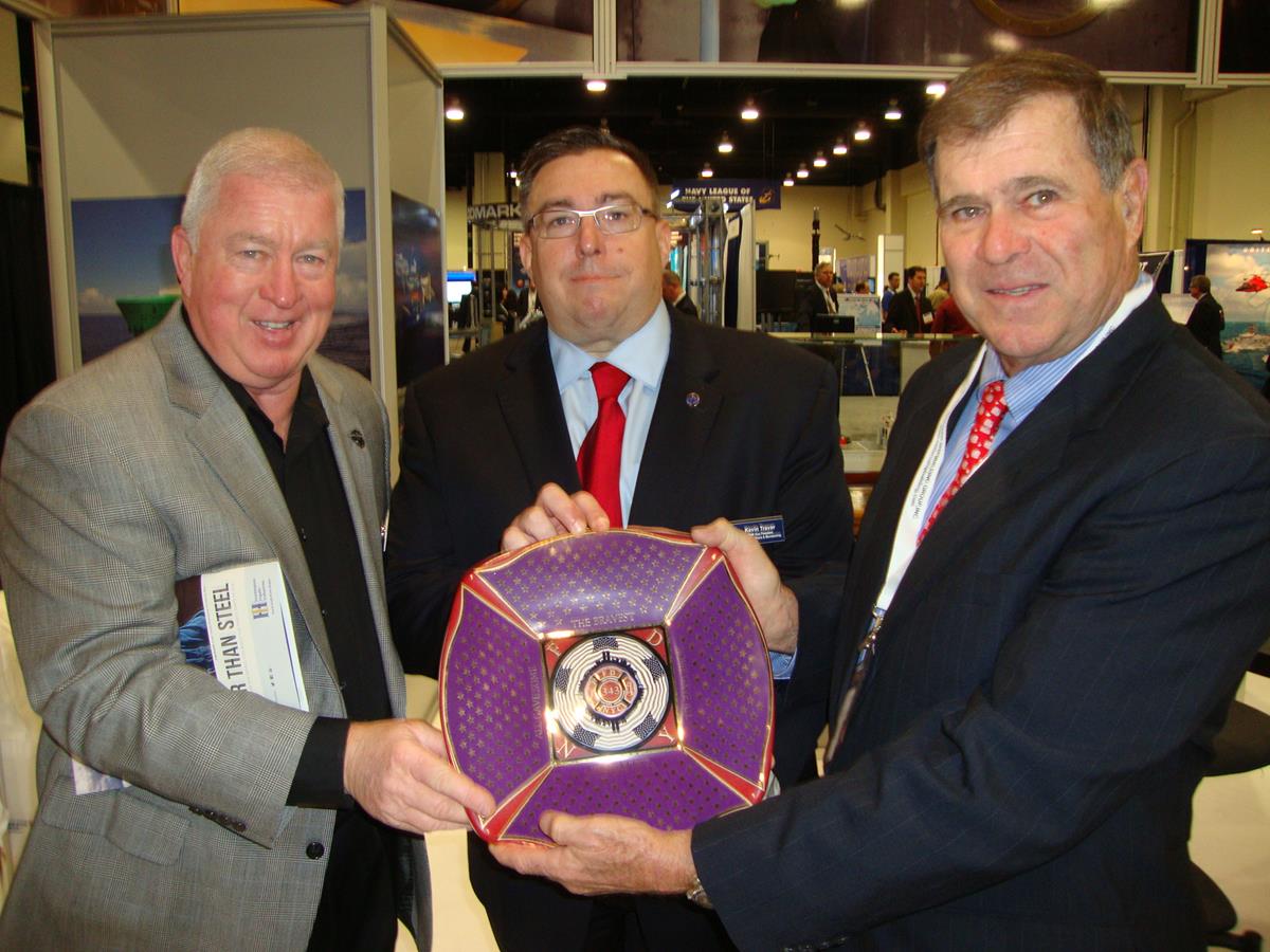 From left to right: Jim Carney, JCarney Company; Kevin Traver, Staff Vice President of Corporate Affairs for the Navy League of the United States; Brian D’Isernia, President of Eastern Shipbuilding Group, Inc.